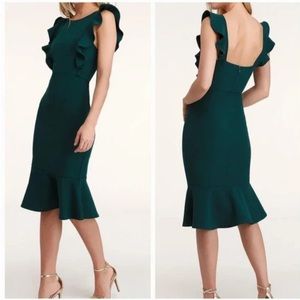 Lulus Hearts Aflutter Dark Green Ruffled Bodycon Midi Dress size Small